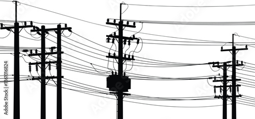 Urban electric power line poles silhouette with high voltage wires, electricity distribution network infrastructure, utility transmission cables, energy technology background illustration
