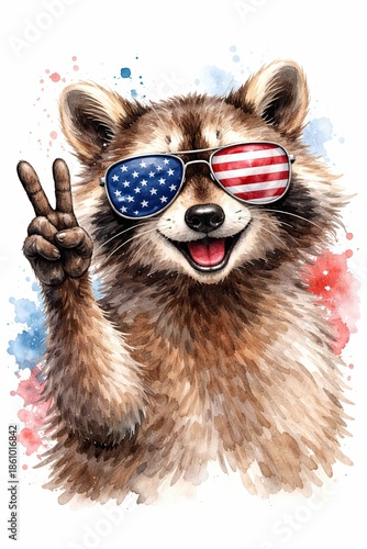 USA 250th Anniversary Patriotic Raccoon Watercolor Illustration