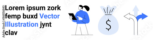 Financial planning, decision-making, business strategy, wealth management, direction, analytics. Woman holding a tablet, money bag arrows pointing in various directions. Financial planning