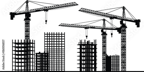 Urban construction site skyline with tower cranes, high rise building structure silhouettes, development industry, architecture engineering, infrastructure growth, city building progress illustration