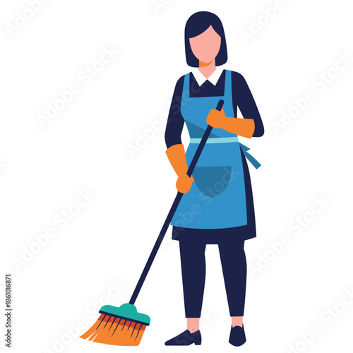 Professional cleaner sweeping floor with broom wearing apron and gloves.