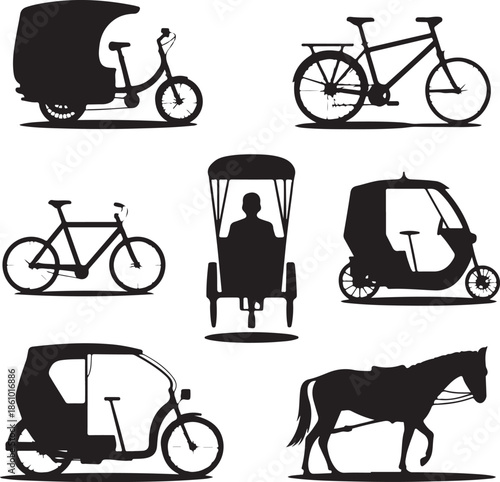 Collection of various bicycle and rickshaw silhouettes isolated on transparent background