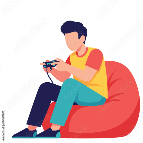 Young man engrossed in video game on a comfortable bean bag chair.