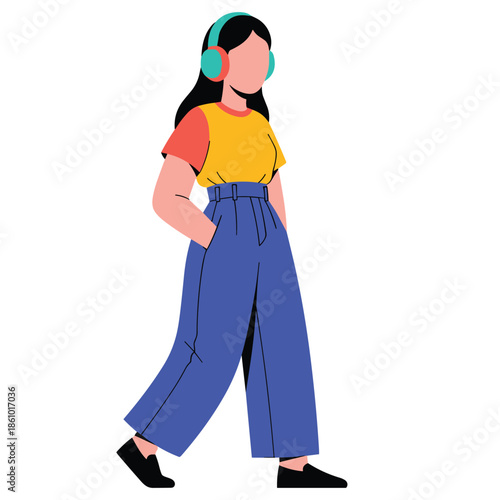 Young woman walking with headphones enjoying music or podcast.