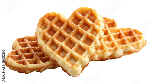 Golden waffles in heart shape isolated on transparent background for design