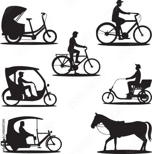 Collection of various bicycle and tricycle silhouettes with a horse outline