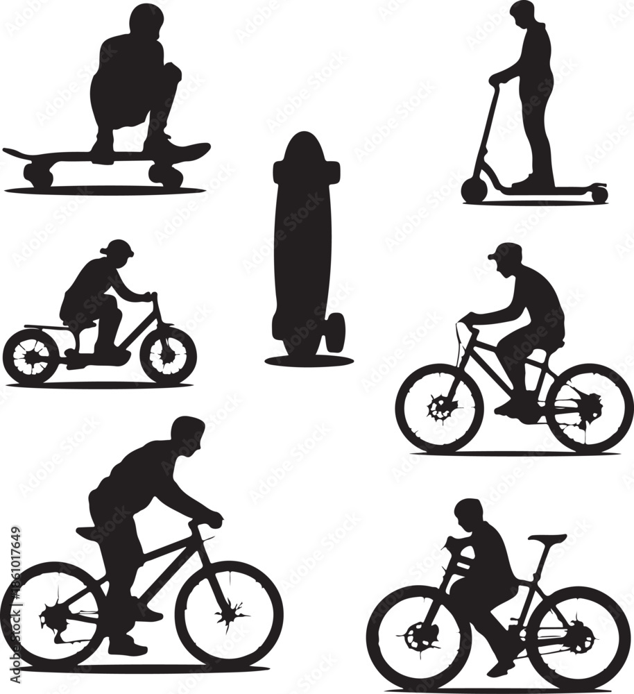 Fototapeta premium Silhouettesofpeopleusingvariouswheeledtransportisolated