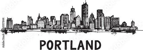 Portland city panorama hand-drawn vector sketch illustration with reflection and architecture