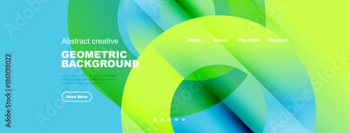 Abstract geometric shapes create vibrant background. Text highlights work, about, portfolio, contact options. Button invites further exploration.