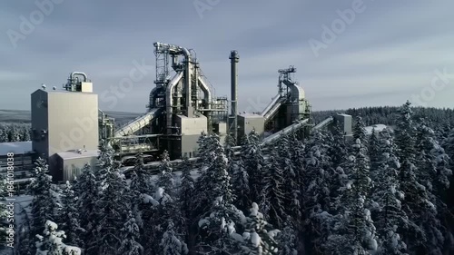 Aerial view of a large industrial complex situated amidst a snow-covered evergreen forest under a cloudy sky. The architecture is metallic