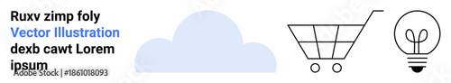 Cloud computing, e-commerce, innovation, online shopping, ideas, data storage. A cloud shape, a shopping cart and a lightbulb icon in a minimalistic style. Cloud computing and e-commerce