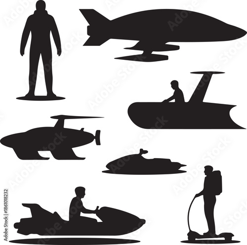 Collection of futuristic transport and human silhouette illustrations isolated