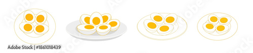 Four plates of sliced hard-boiled eggs, each with a different arrangement of egg halves, showcasing the yellow yolks and white egg whites.
