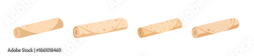 Four golden brown taquitos or rolled tacos are arranged in a horizontal line against a white background.