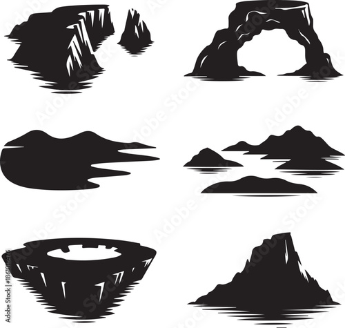 Collection of abstract rocky island illustrations with unique shapes