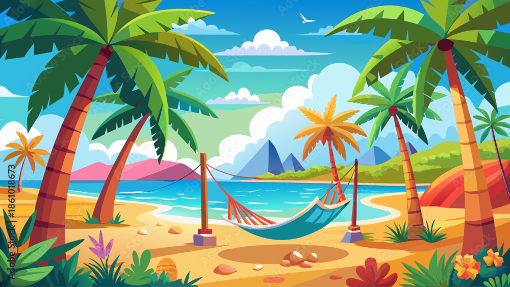 Fototapeta premium Tropical beach with hammocks and palm trees vector illustration, flat style
