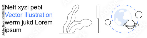 Nature, sustainability, global connectivity, space exploration, scientific research, ecological awareness. Minimalist line art of plants, planet Earth and Saturn. Nature and sustainability concept