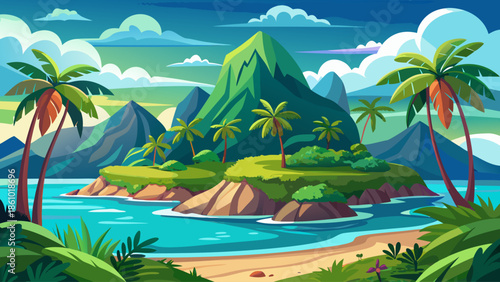 Tropical mountain island landscape vector with jungle and ocean view, flat style