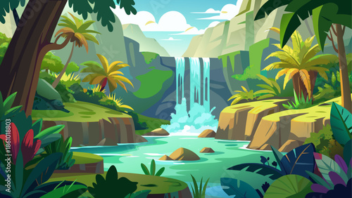 Tropical waterfall in jungle landscape vector, flat illustration