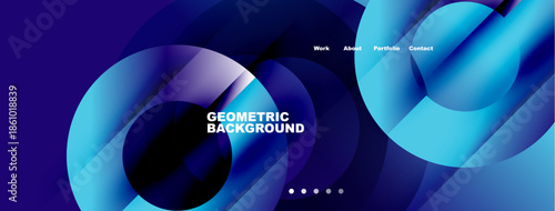 Abstract geometric background features overlapping blue circles. Navigation menu includes work, about, portfolio, contact options. Modern design.
