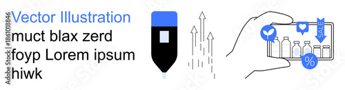 E-commerce, data analytics, digital shopping, mobile marketing, consumer trends, retail insights. Hand holding smartphone with icons and product symbols. E-commerce and data analytics concept