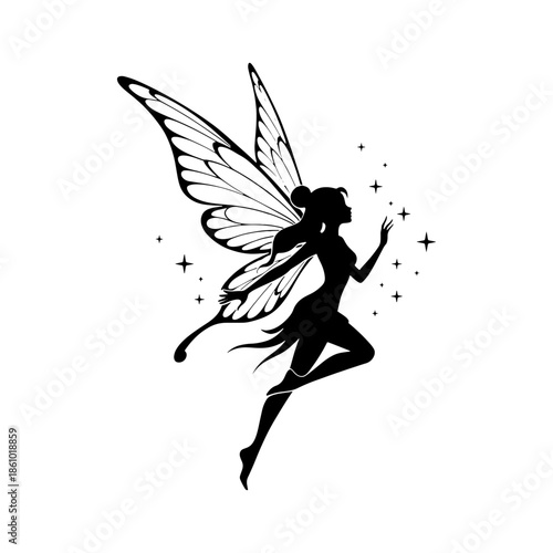 beautiful fairy silhouette with magic dust and butterfly wings flying in sky