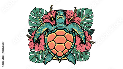 Tropical sea turtle centered among vibrant pink hibiscus flowers and green monstera leaves