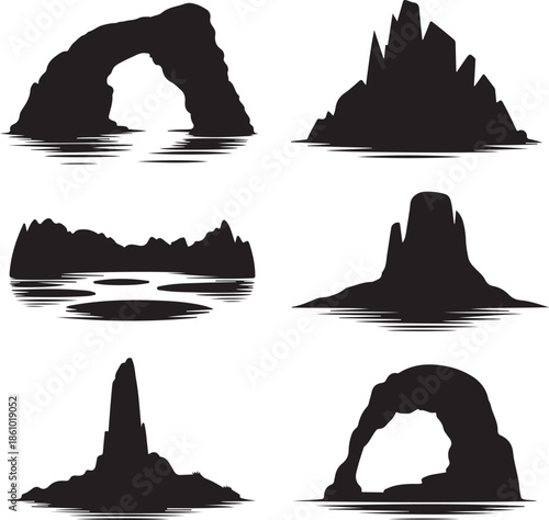 Silhouettes of various coastal rock formations isolated on transparent background
