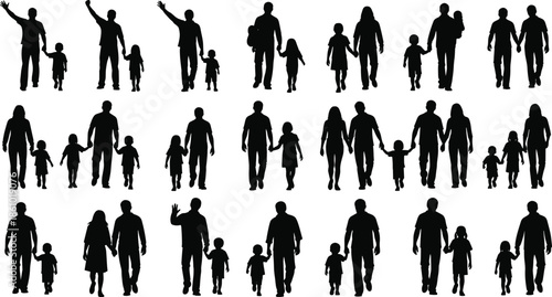 Family silhouettes set, father and mother walking with children, parents holding hands with kids, people shadow collection, cad drawing flat vector illustration