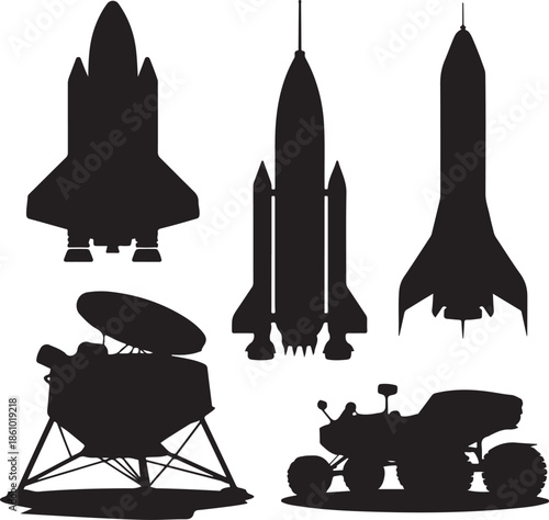 Collection of space rockets and lunar vehicles silhouette illustration