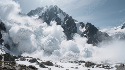 Massive avalanche cascading down sunlit rugged mountain slopes