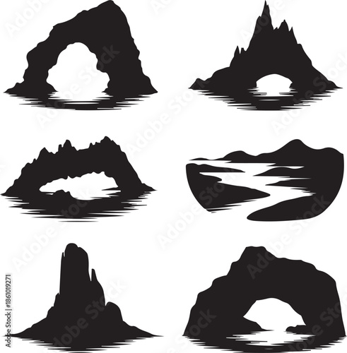 Silhouettes of coastal rock formations isolated on transparent background