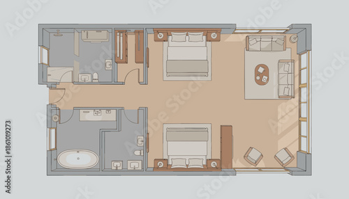 Modern apartment floor plan with two bedrooms and living room