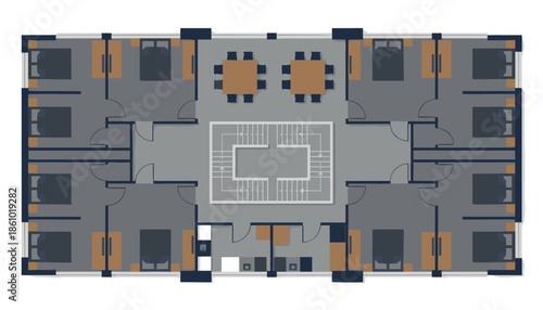 Modern office floor plan with meeting rooms and workstations