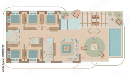 Modern hotel suite floor plan with rooms and amenities