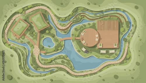 Serene resort landscape with winding river and wooden deck