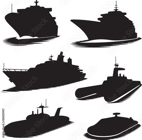 Collection of various military and naval ship silhouettes isolated