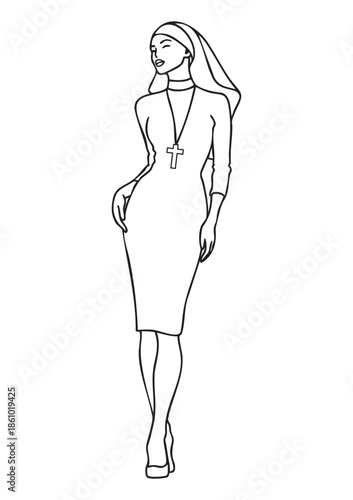 Hand drawn black and white line art vector of a nun wearing knee length skirt and high heels with large cross necklace, bold thick sketch lines, minimalist silhouette style, coloring page, print ready