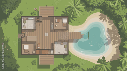 Luxury tropical villa with pool and wooden deck in green surroundings