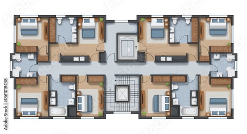 Modern apartment building floor plan with eight units
