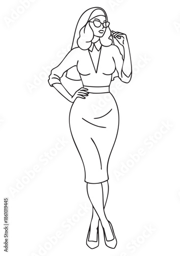 Black and white hand drawn line art vector illustration of an elegant woman wearing knee length skirt, high heels and large cross necklace, bold thick sketch lines, minimalist silhouette style, colori