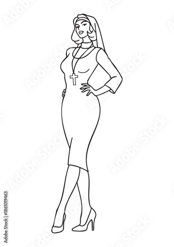 Minimalist sketch silhouette of a nun with bold outlines, high heel shoes and oversized cross pendant, black and white hand made line drawing, vector EPS illustration, coloring page, modern religious 