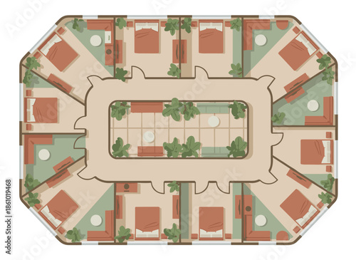 Modern hotel floor plan with symmetrical rooms and courtyard