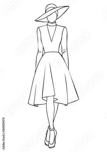 Minimalist black and white sketch silhouette of a stylish woman with bold outlines, wearing high heel shoes, midi skirt and large pendant necklace, hand made line drawing, vector EPS, coloring page