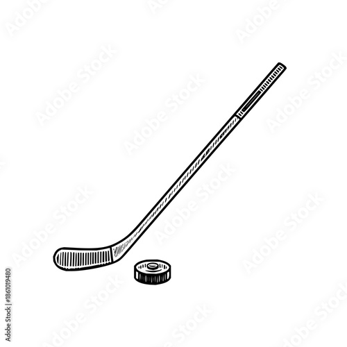 A sketch of a hockey stick with a black blade and a puck on a white background in a simple illustration