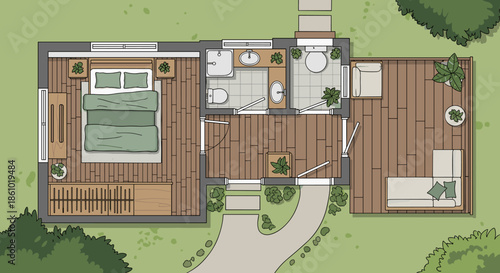 Cozy modern home floor plan with wooden interiors and lush greenery