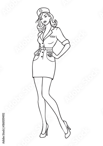 Black and white hand drawn line art vector illustration of a female doctor in medical coat, bold thick sketch lines, minimalist silhouette style, handmade outline drawing, coloring page, print ready