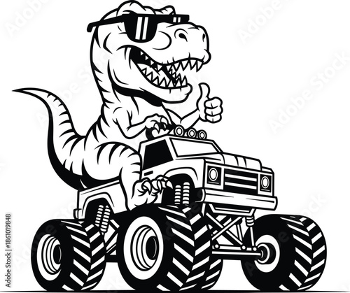 Cool t-rex dinosaur driving monster truck, funny reptile mascot with sunglasses, extreme off road vehicle, black line art, cad drawing flat vector illustration