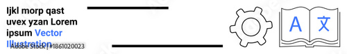 Language learning, education tools, translation services, multilingual support, digital tools, user settings. Gear icon and open book. Language learning and translation services concept