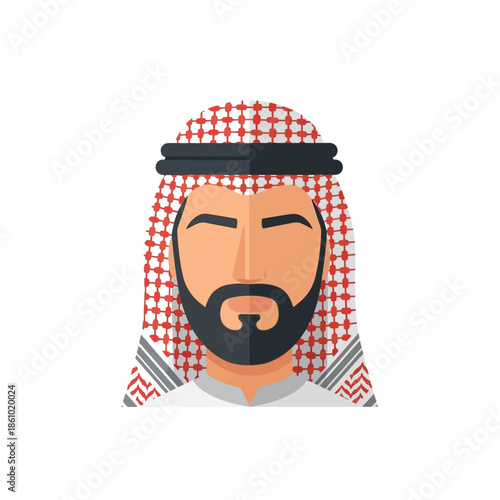 Bearded Arab man portrait, traditional keffiyeh headscarf, flat design illustration